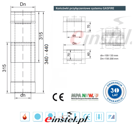 Rura GASFIRE reg. 340-440mm do kominka gazowego teleskopowa - rysunek techniczny 1.png