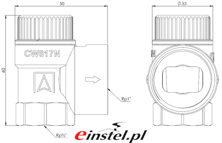 Zawór bezpieczeństwa do c.o. MS, 2,5 bar, Rp12 x Rp34  wymiary zaworu.png