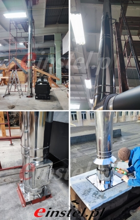 Instalacja dwóch izolowanych kominów wewnętrz hali produkcyjnej do kotłów na drewno dużej mocy, kominy MKD Premium połączone z kotłami pozwalają ogrzewać halę.jpg