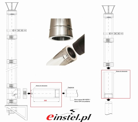 Rura ATO Schemat z kominem zewnętrzyn na bocznej ścianie Rura ATO o długości 500mm rura umieszczona w pionie oraz poziomie.jpg
