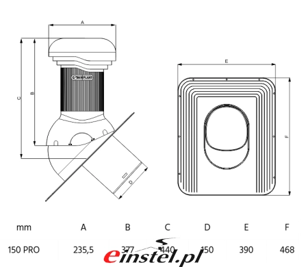 Wentylator dachowy Wirplast PRO 150 do papy lub gontów bitumicznych - rysunek techniczny z wymiarami.jpg