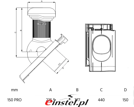 Wymiary wentylator dachowego PRO 150 Wirplast do dachówki betonowej lub ceramicznej.jpg