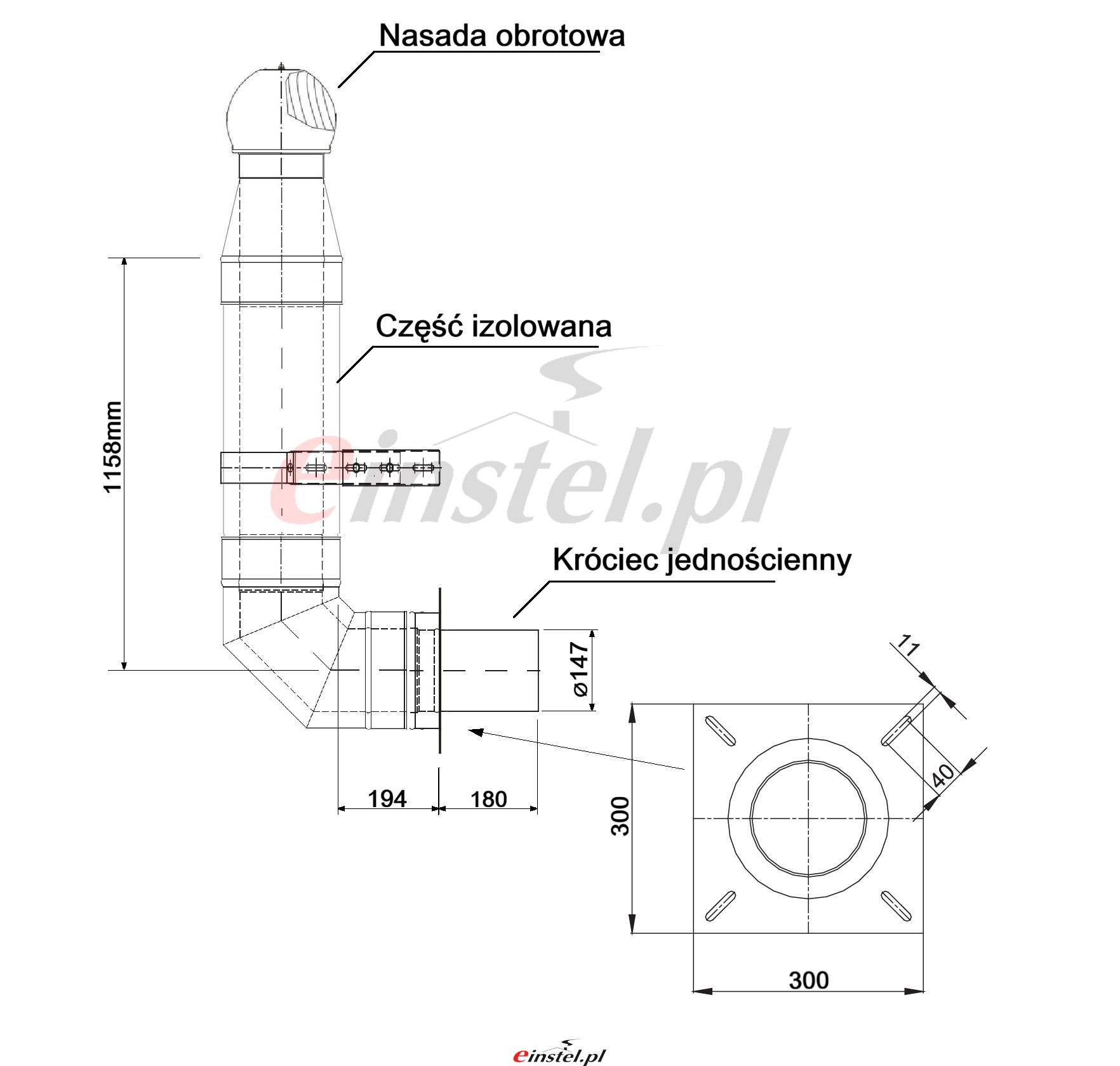 Schamt przedłużenia bocznego o średnicy 150mm do wentylacji i renowacji istniejących kominów einstel.jpg
