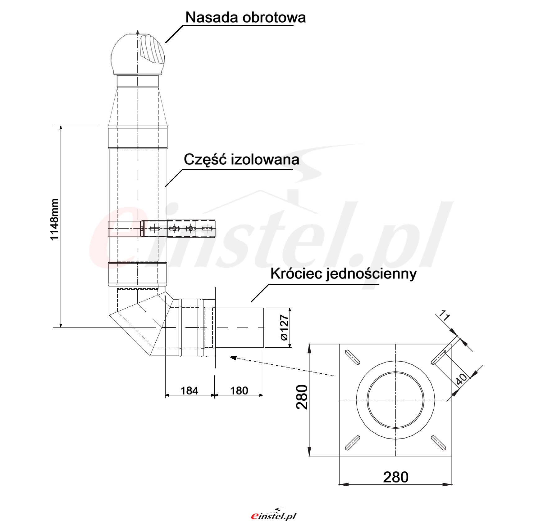 Schamt przedłużenia bocznego o średnicy 130mm do wentylacji i renowacji istniejących kominów sklep einstel - dystrubutor MK Zary.jpg