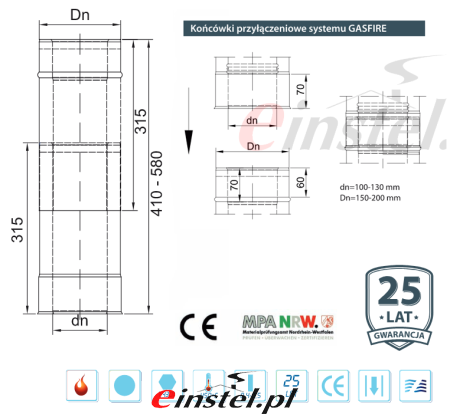 Rura GASFIRE do kominka gazowego teleskopowa - rysunek techniczny.png